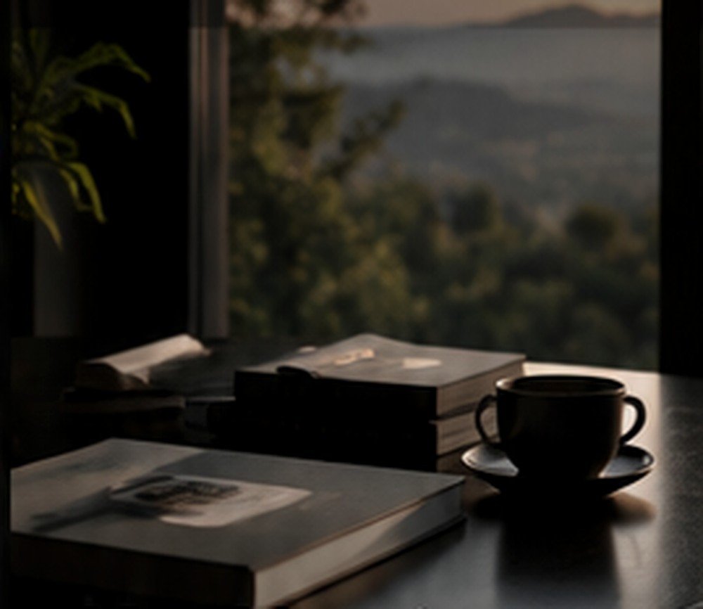 Moody editorial desk with books and coffee